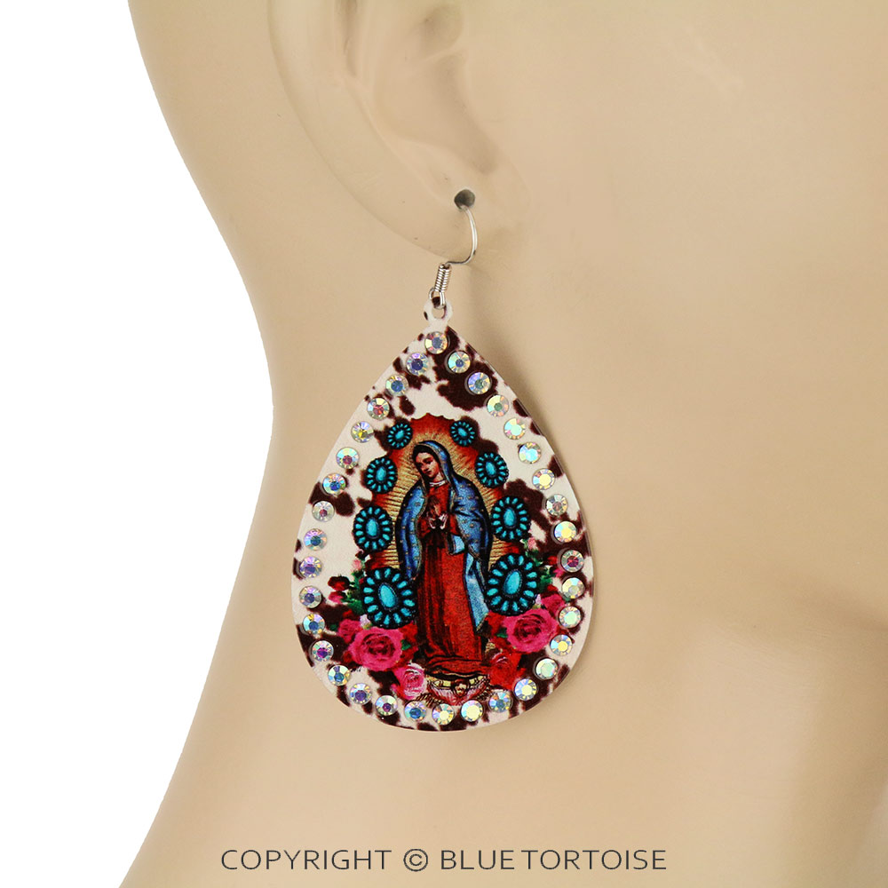 Lady of Guadalupe and Cow Print Dangle Earrings - Image 2