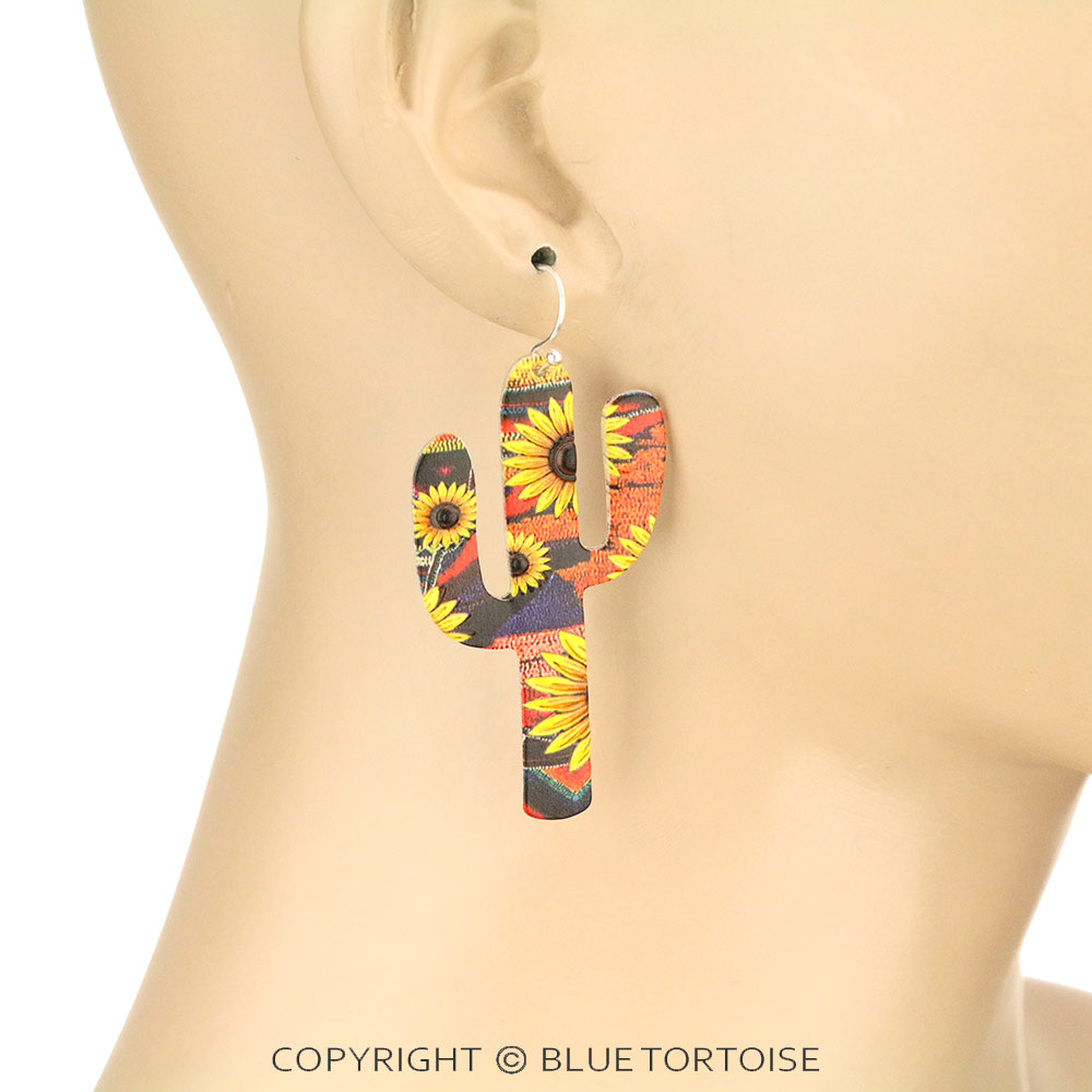 Sunflower Print Cactus Dangle Earrings - Image 2