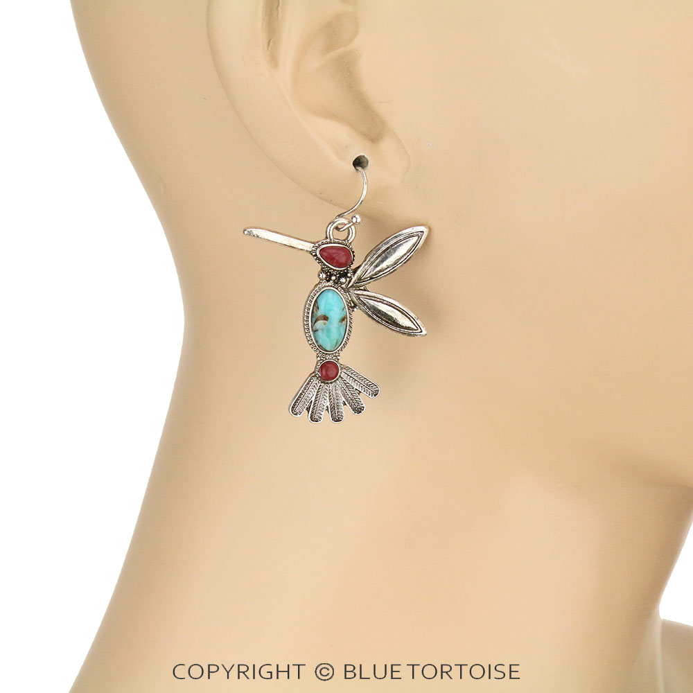 Western Hummingbird Semi Stone Dangle Earrings - Image 2