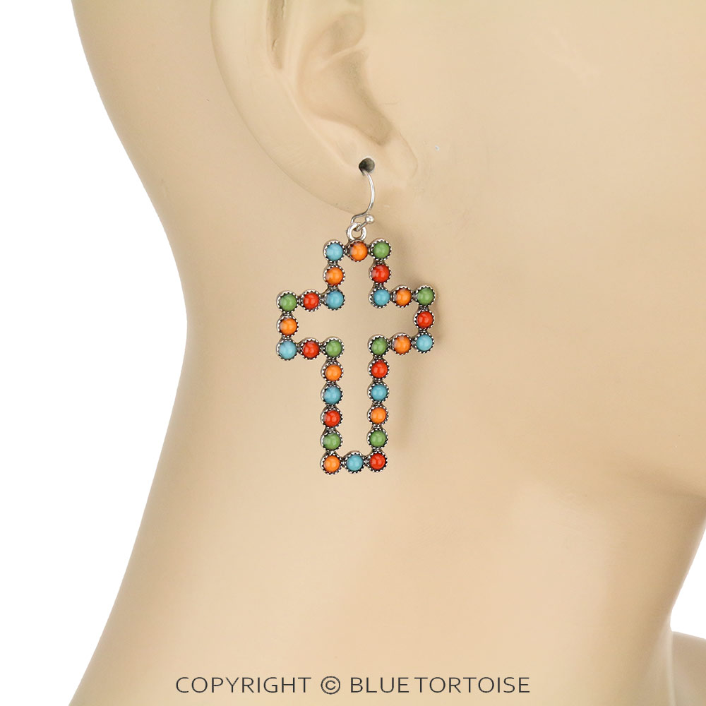 Western Acrylic Stone Cross Dangle Earrings - Image 2
