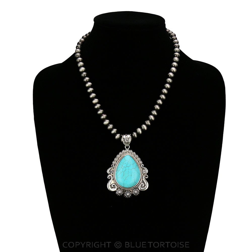 Western Navajo Style Pearl with Teardrop Stone Pendant Necklace - Image 2