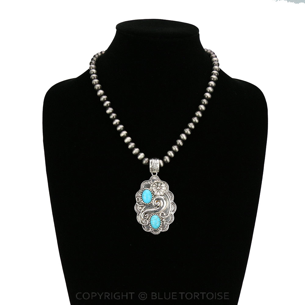 Western Navajo Style Pearl with Concho Stone Pendant Necklace - Image 2