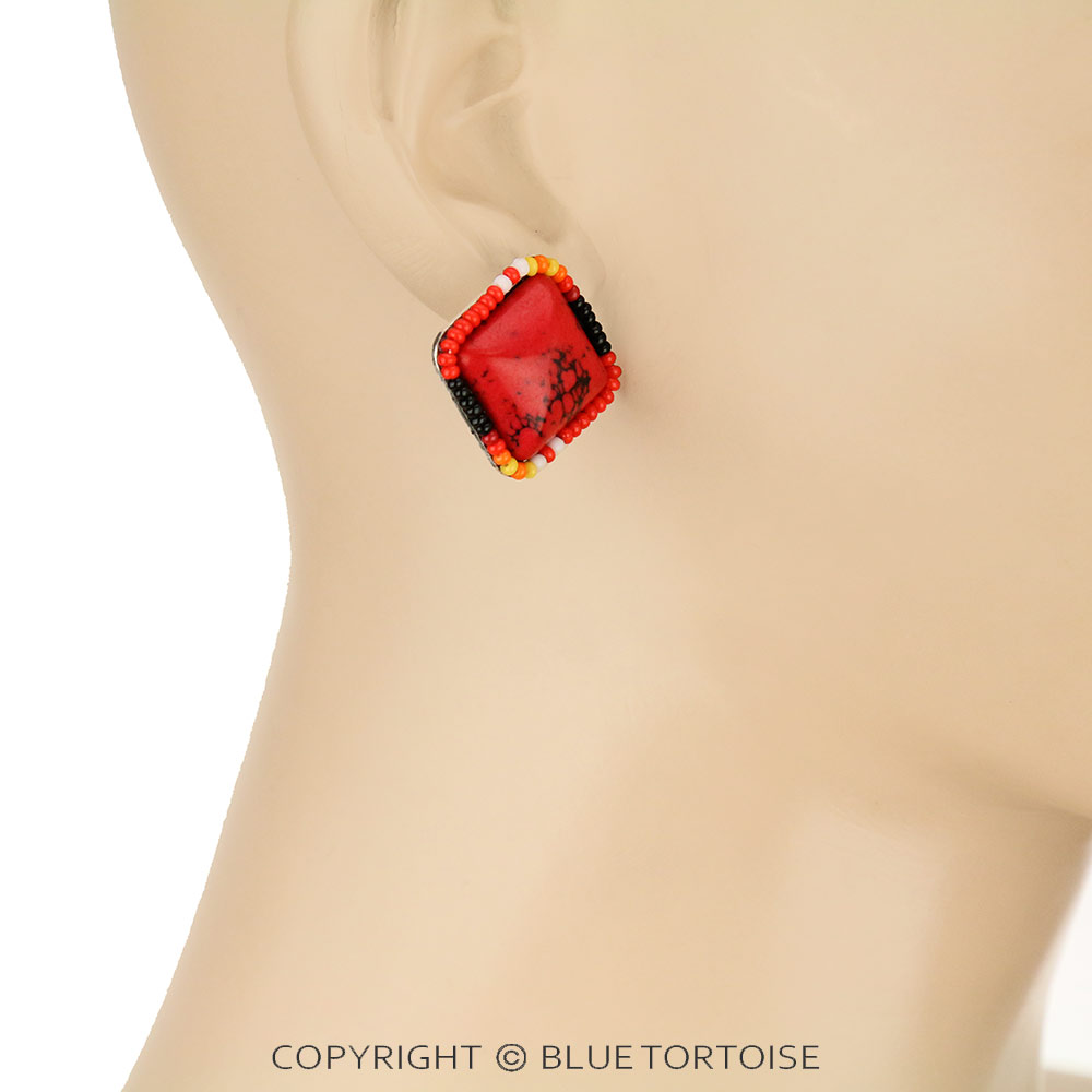 Square Stone with Seed beads Stud Earrings - Image 2