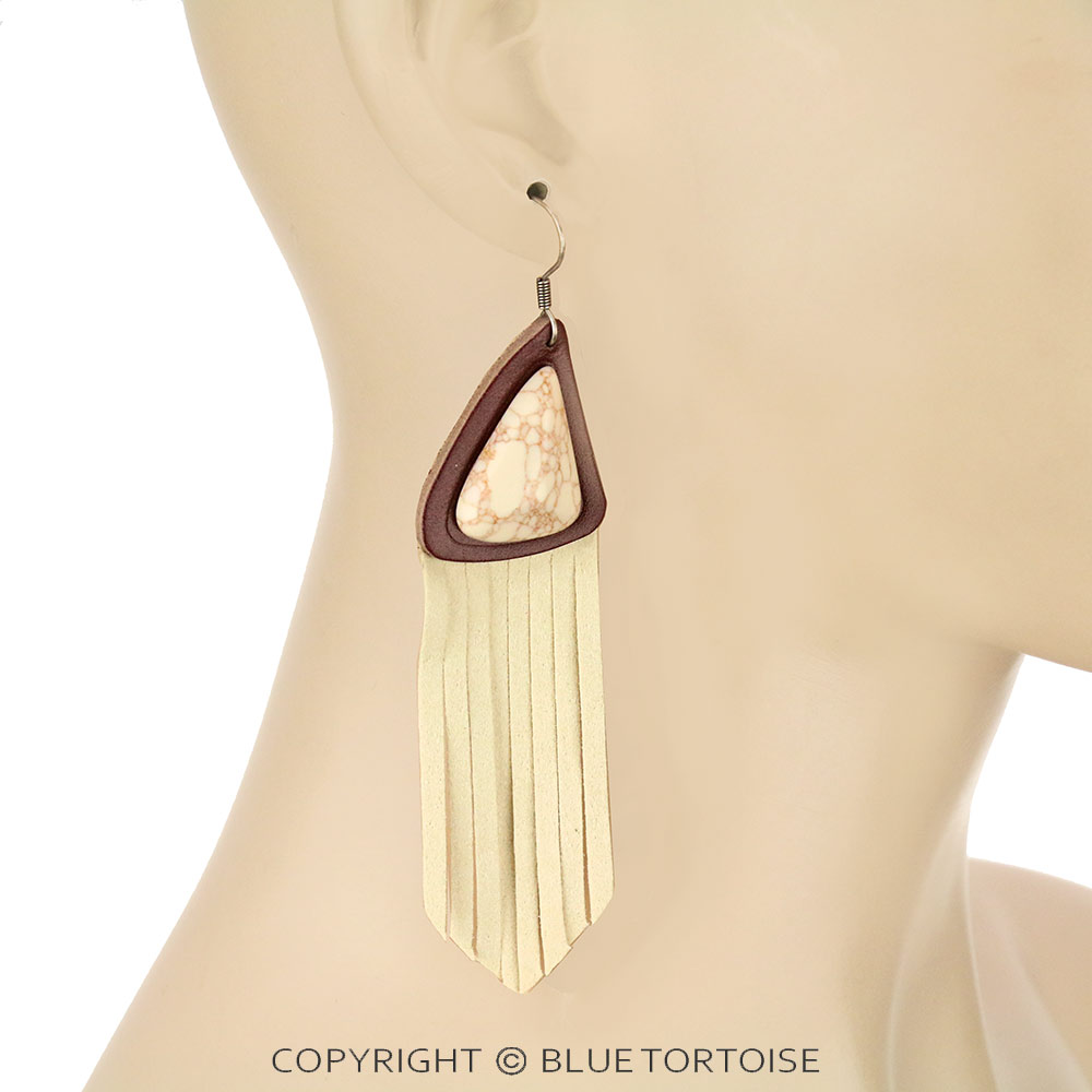 Genuine Leather with Stone Dangle Earrings - Image 2