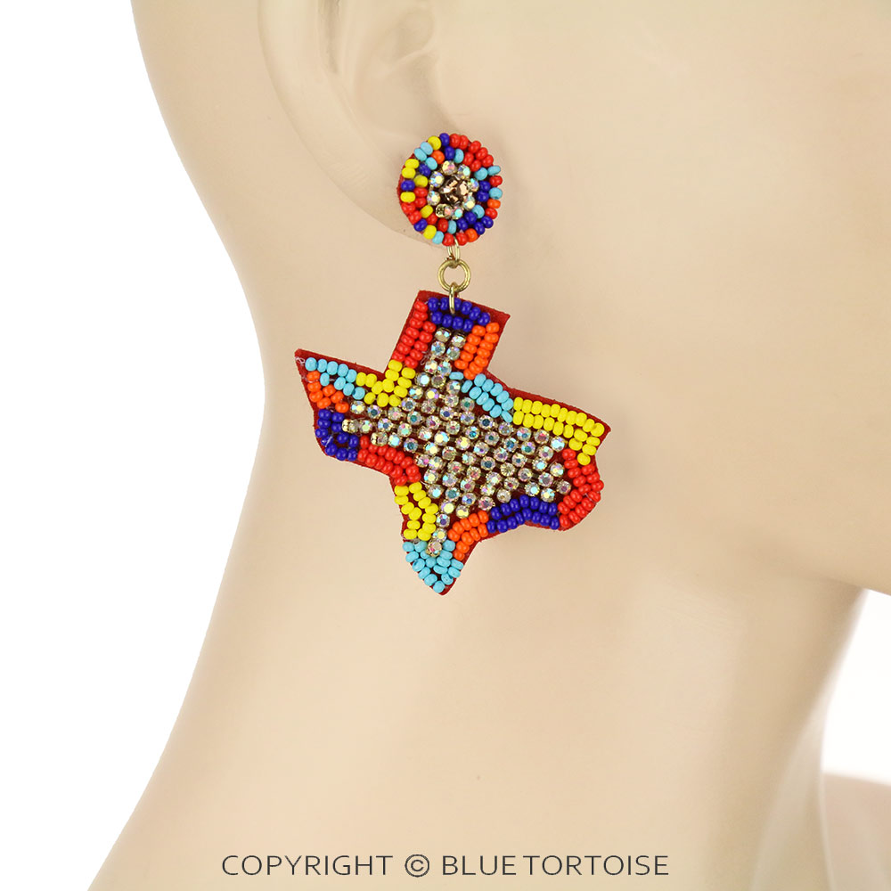 AB Stone with Beaded Texas Map Stud Earrings - Image 2