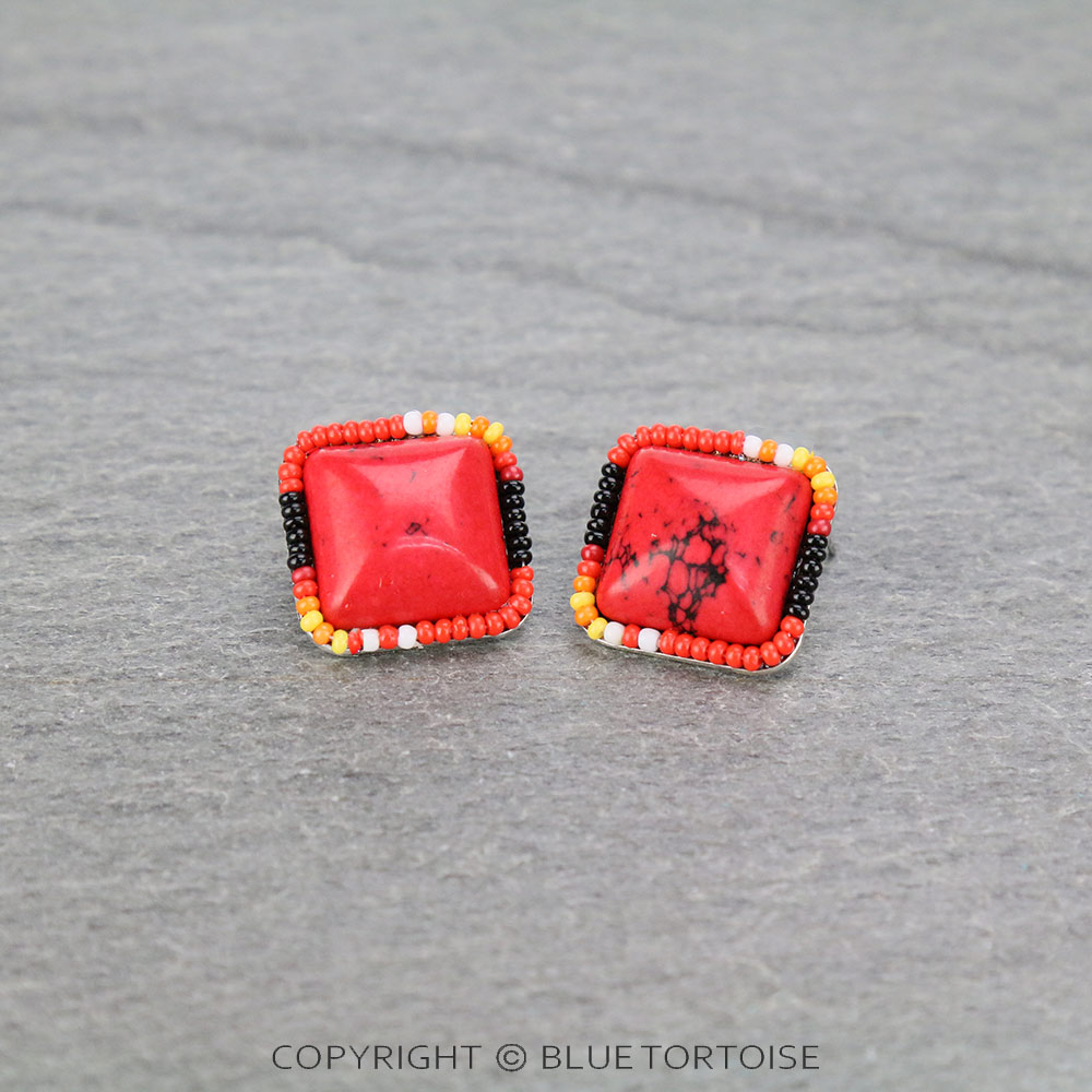 Square Stone with Seed beads Stud Earrings