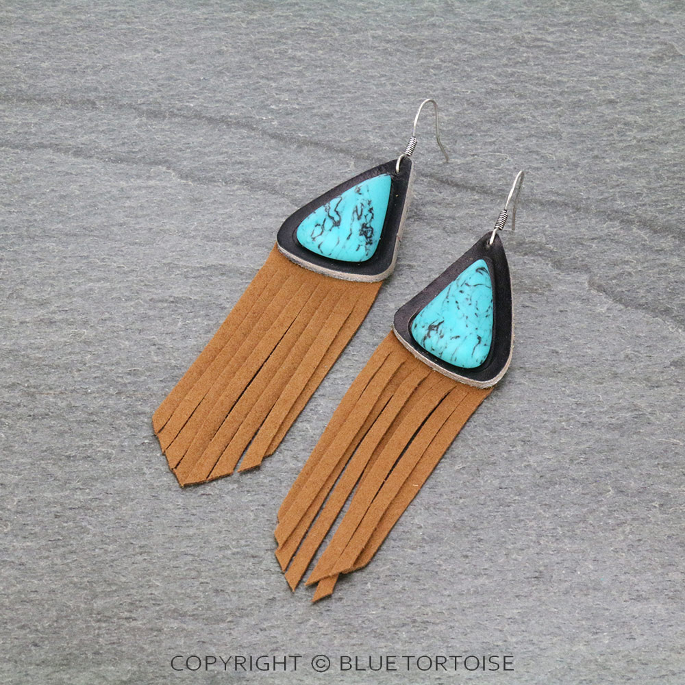 Genuine Leather with Stone Dangle Earrings