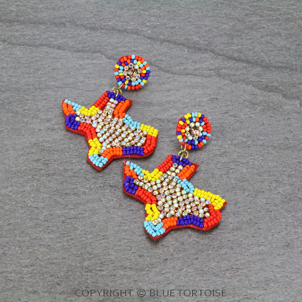 AB Stone with Beaded Texas Map Stud Earrings