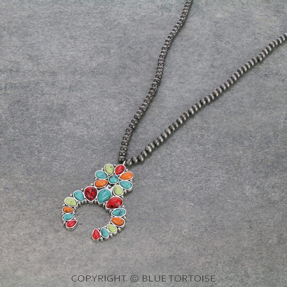 Navajo Style Beads with Squash Blossom Pendant Necklace