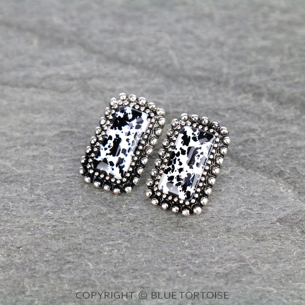 Printed Rectangle Stone Bubble Dangle Earrings