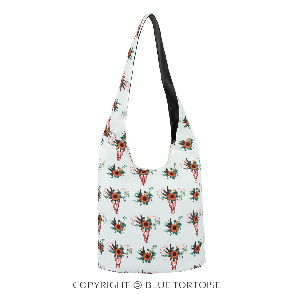 Floral Steer Head Printed Hobo Bag