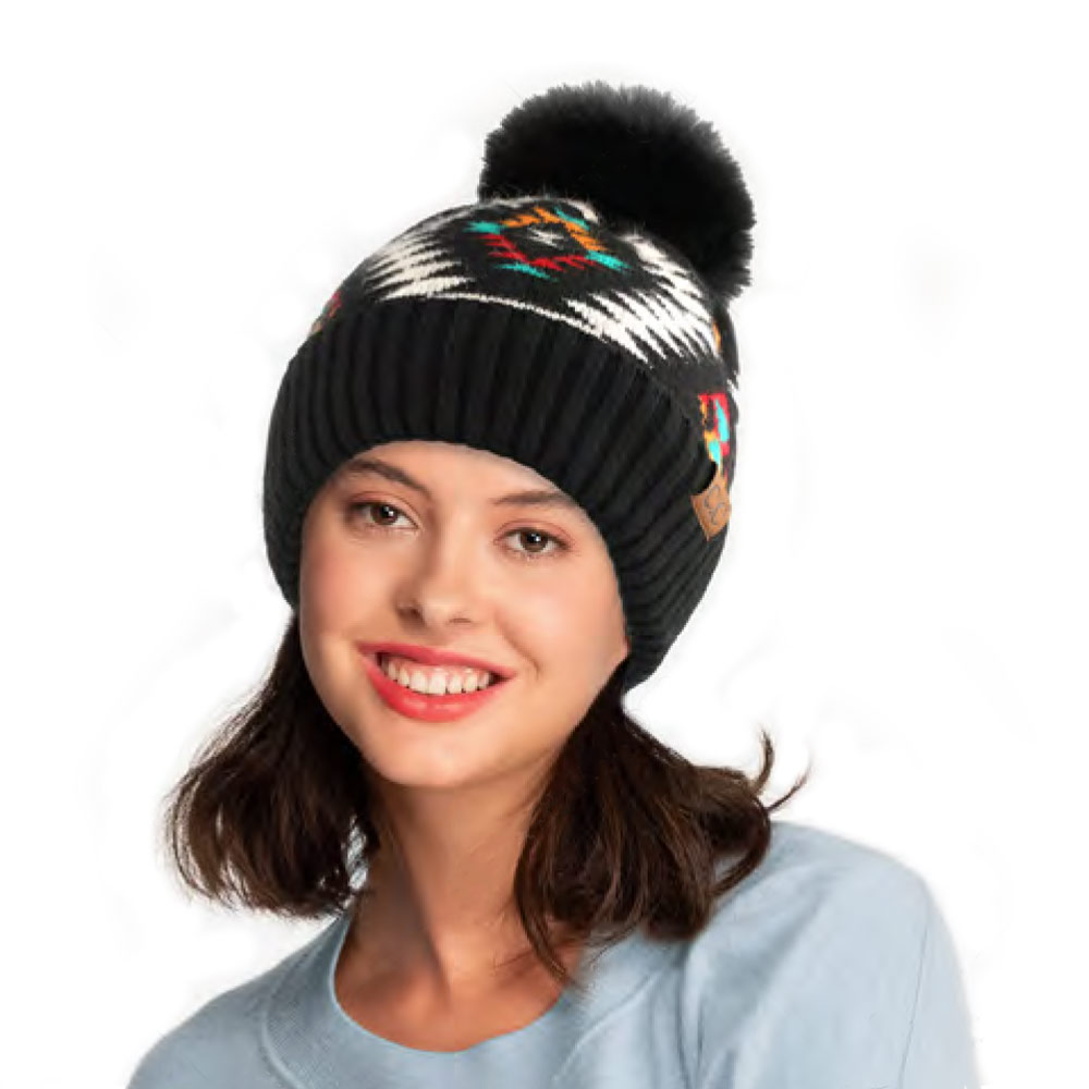 C.C Soft Aztec Pattern Beanie with Faux Fur Pom - Image 2