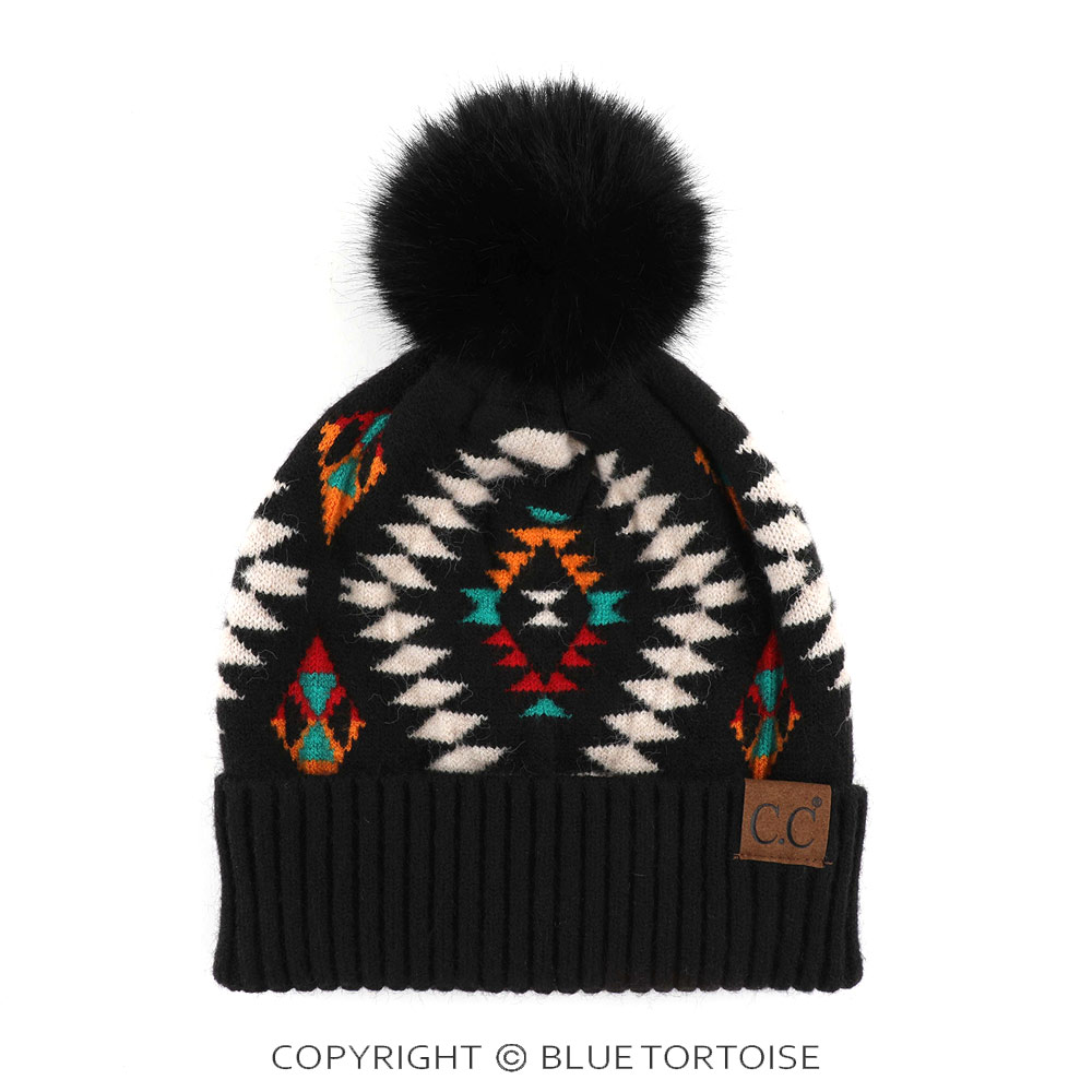 C.C Soft Aztec Pattern Beanie with Faux Fur Pom