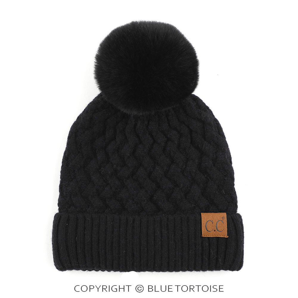C.C Woven Cable Stitch Cuff Beanie with Soft Color Fur Pom
