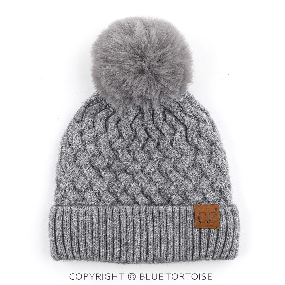 C.C Woven Cable Stitch Cuff Beanie with Soft Color Fur Pom