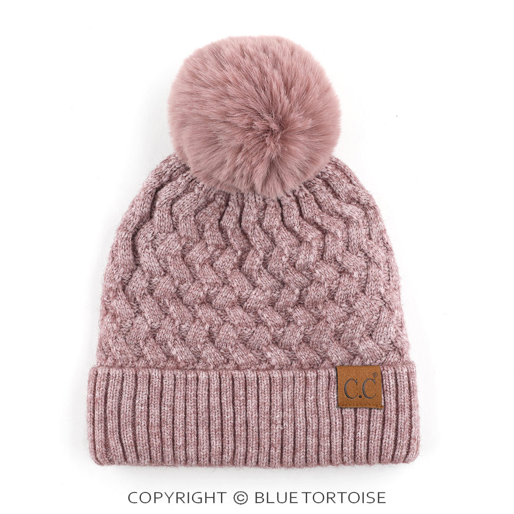 C.C Woven Cable Stitch Cuff Beanie with Soft Color Fur Pom
