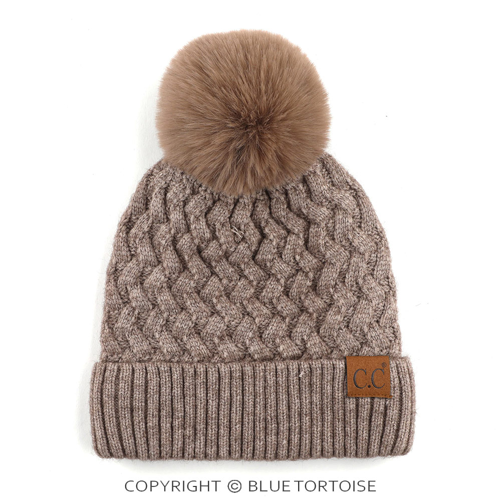C.C Woven Cable Stitch Cuff Beanie with Soft Color Fur Pom