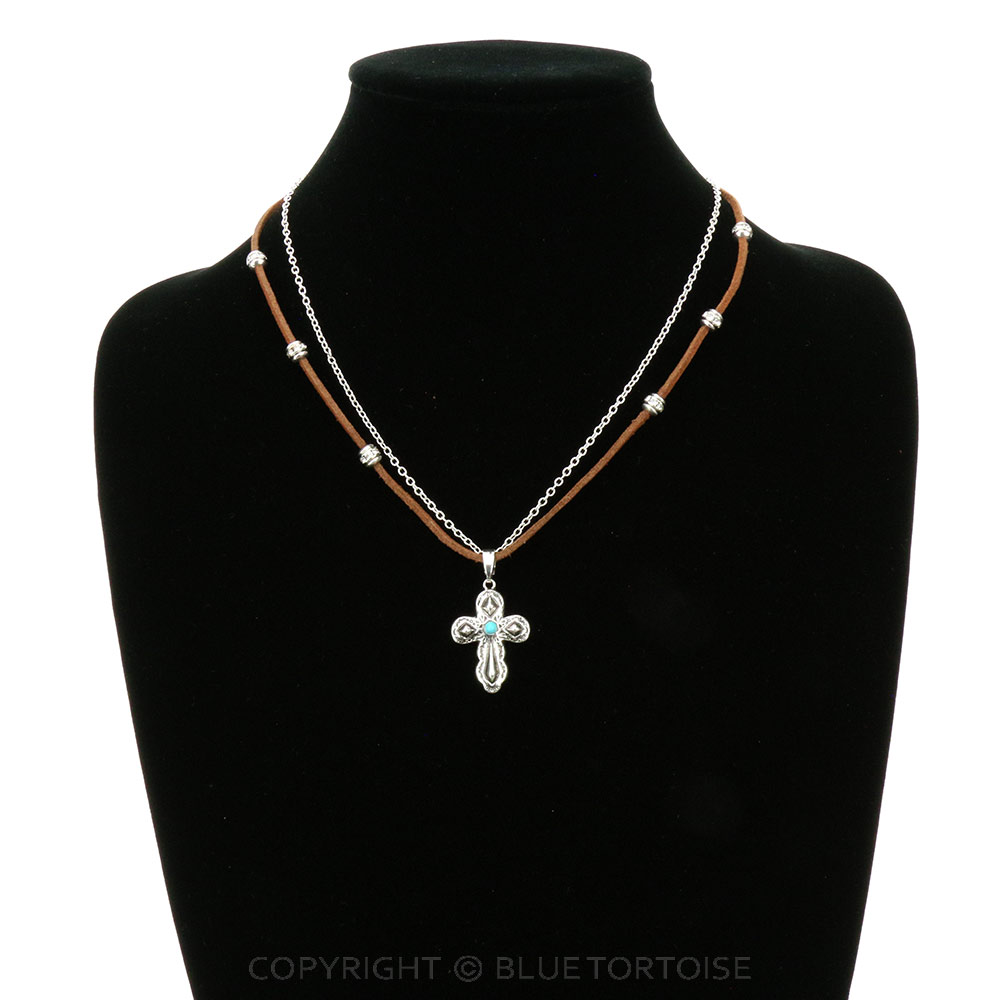Western Cross Pendant Suede Necklace - Image 2