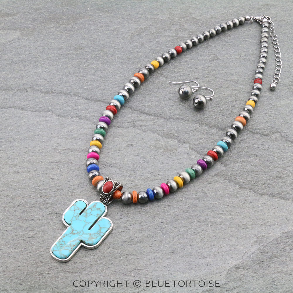 Western Cactus Stone Pendant with Bead Necklace Set