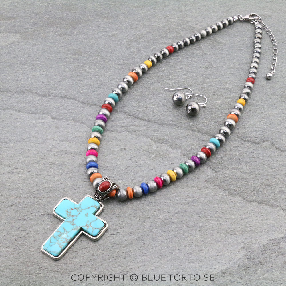 Western Cross Stone Pendant with Bead Necklace Set
