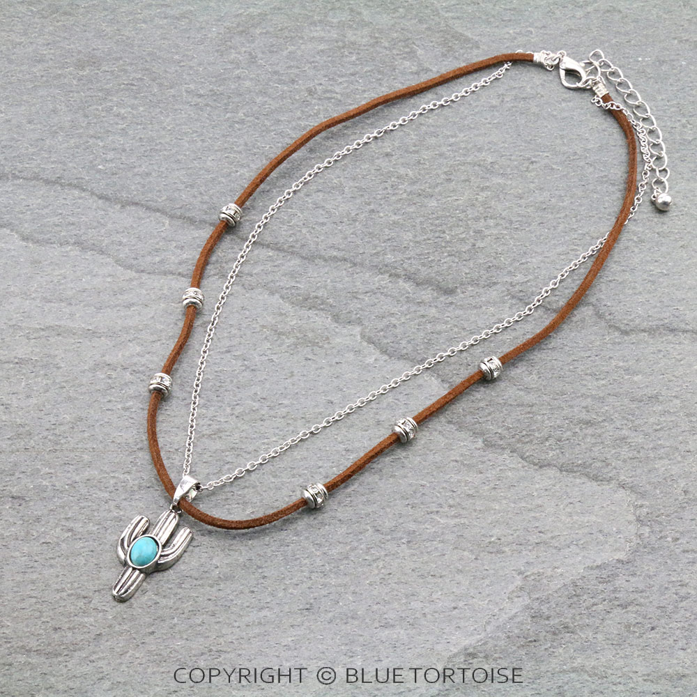 Western Cactus Pendant Suede Necklace