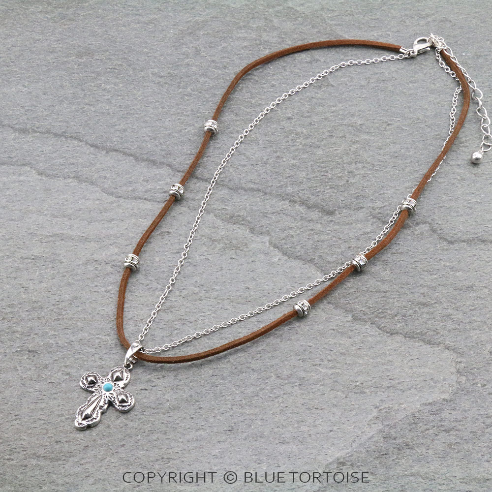 Western Cross Pendant Suede Necklace