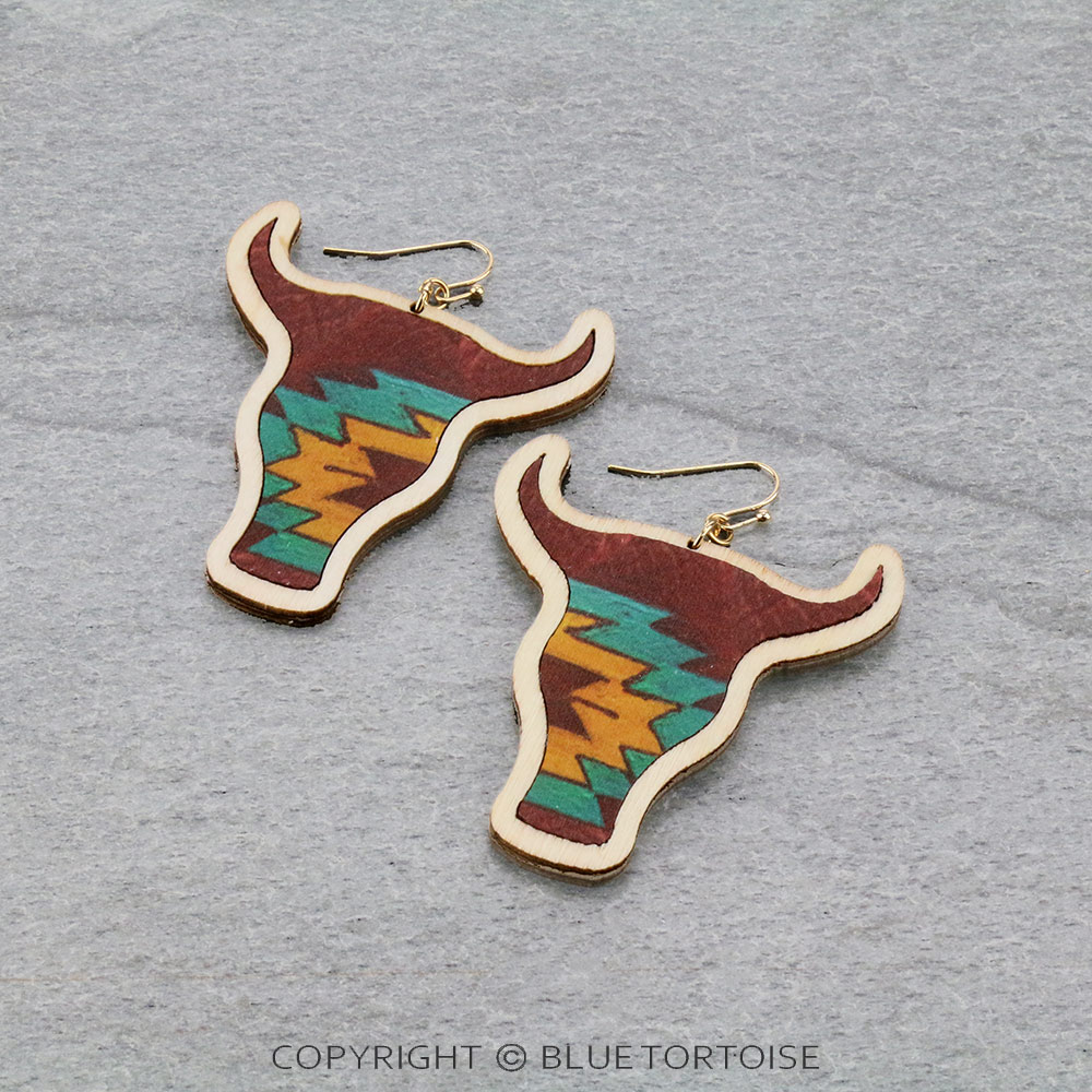 Aztec Printed Wood Steer Head Dangle Earrings