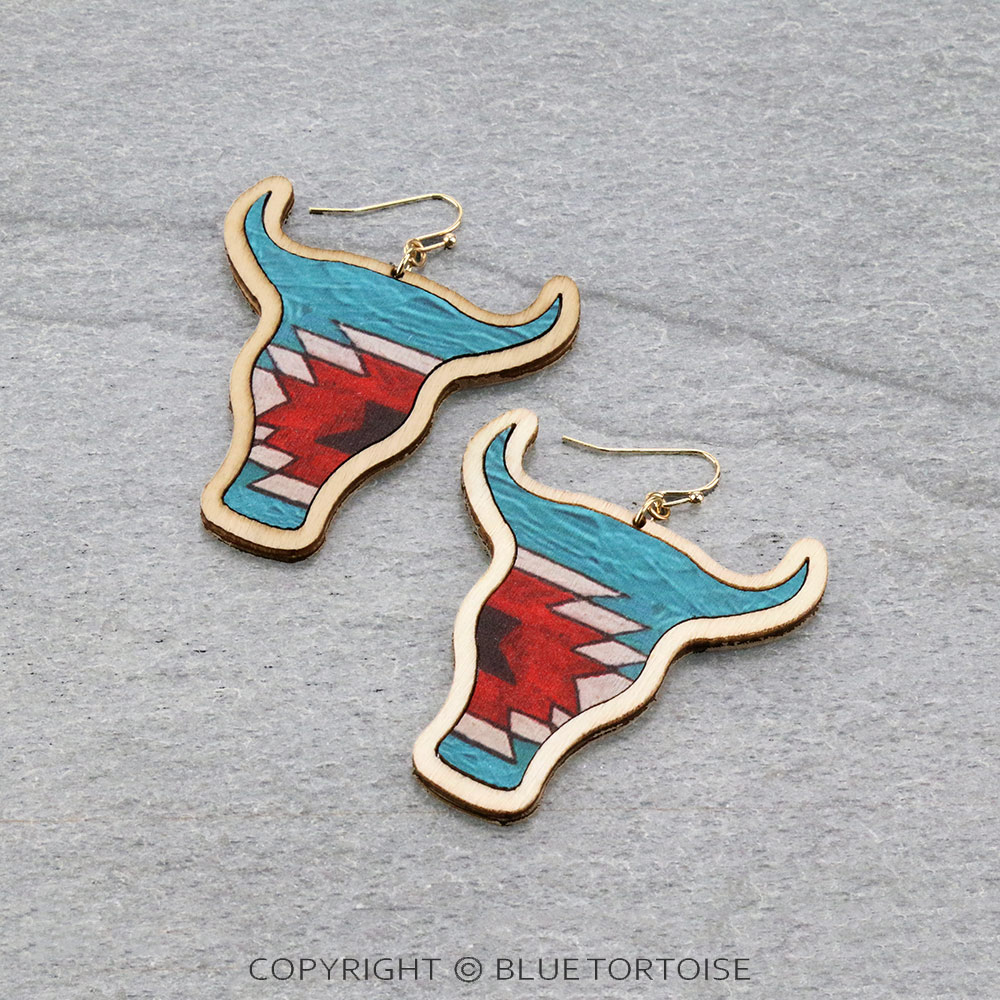 Aztec Printed Wood Steer Head Dangle Earrings