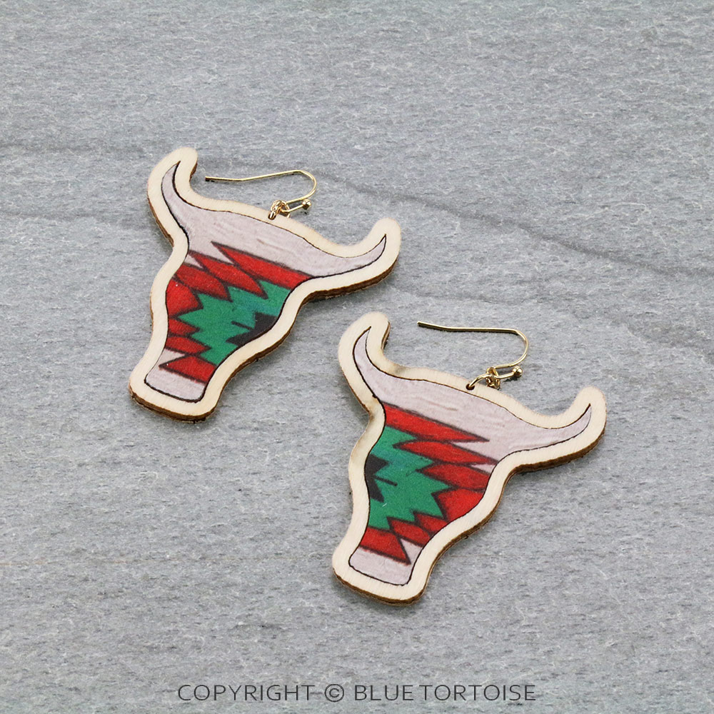 Aztec Printed Wood Steer Head Dangle Earrings
