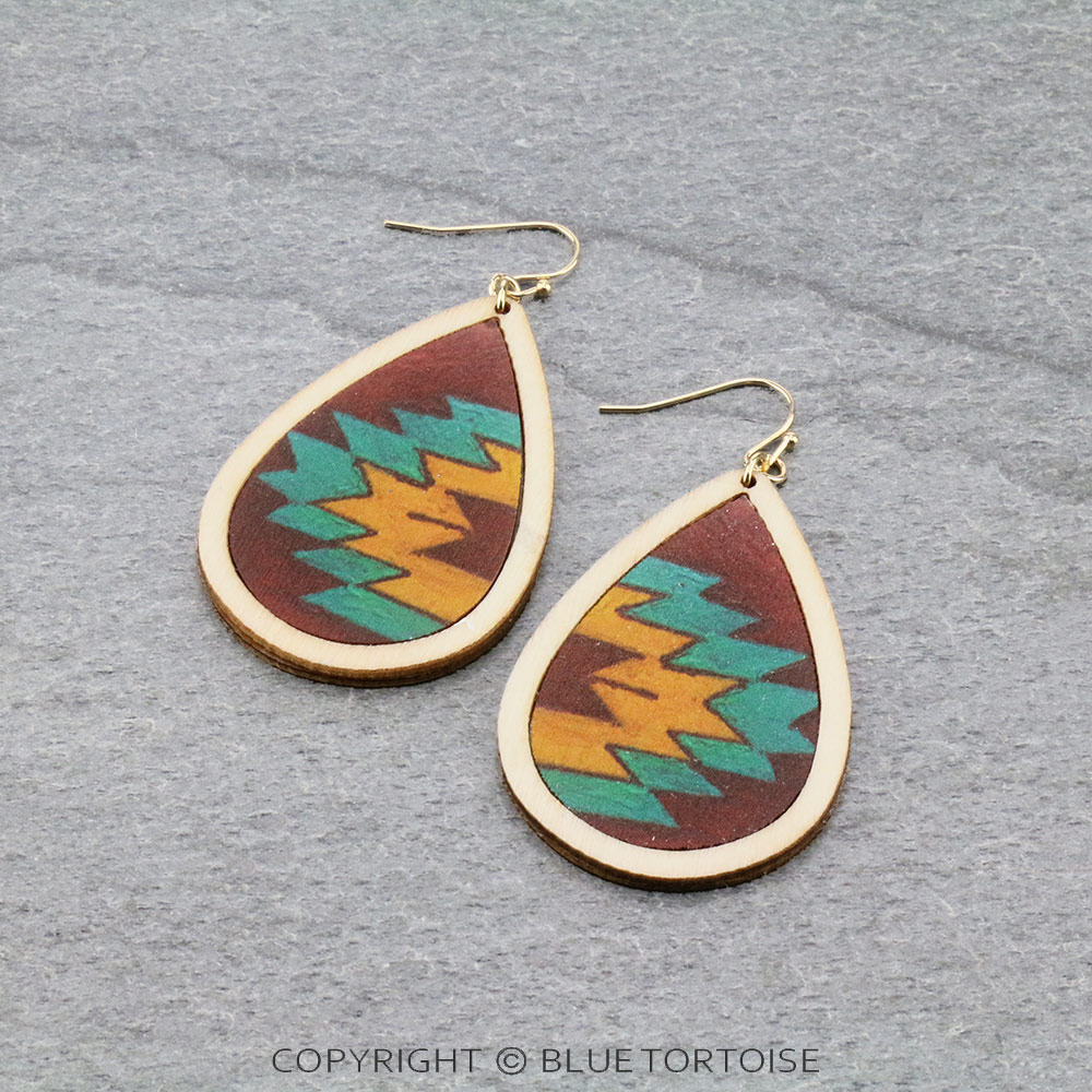 Aztec Printed Wood Teardrop Dangle Earrings