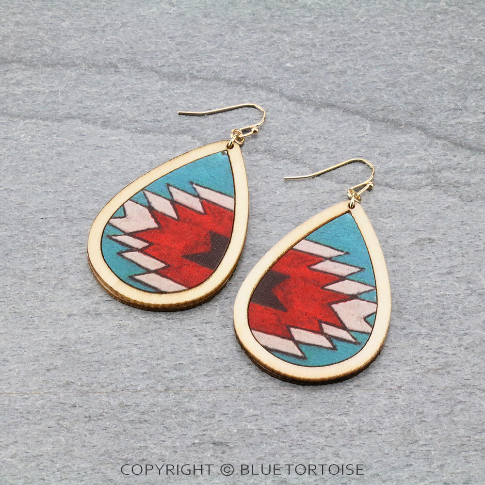 Aztec Printed Wood Teardrop Dangle Earrings