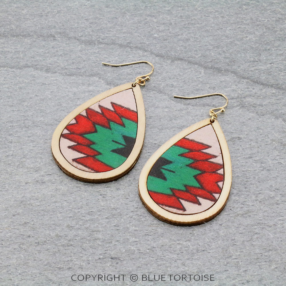Aztec Printed Wood Teardrop Dangle Earrings