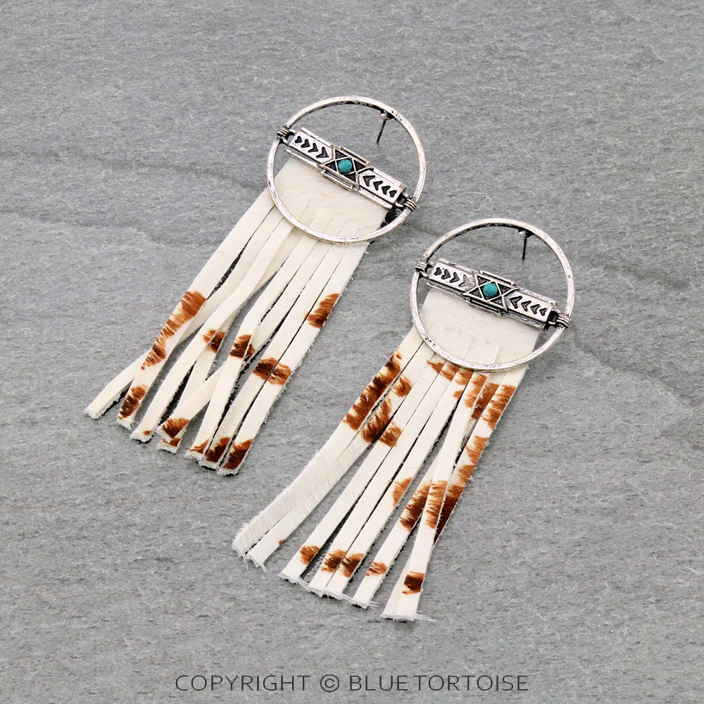Genuine Leather Cow Fringe with Round Bar Stud Earrings