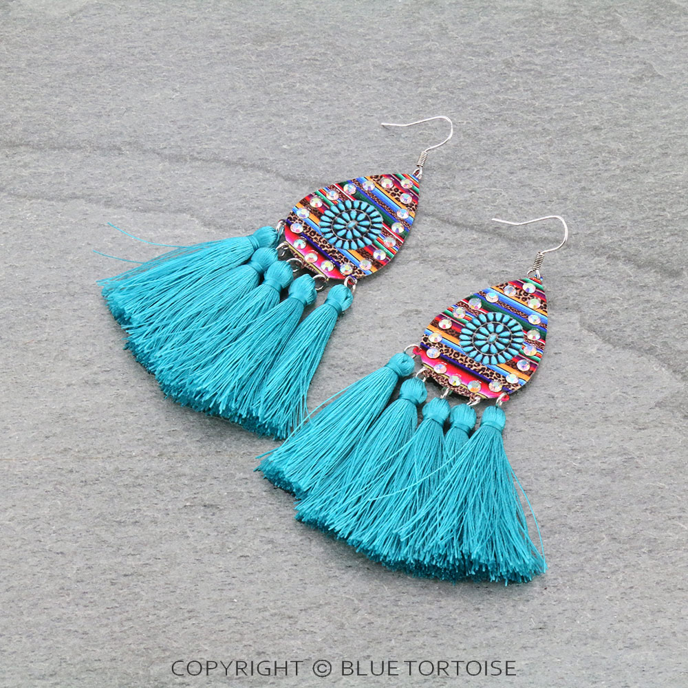 Concho Print Teardrop with Tassel Dangle Earrings