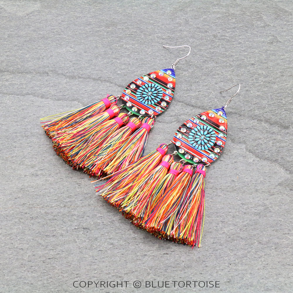 Concho Print Teardrop with Tassel Dangle Earrings