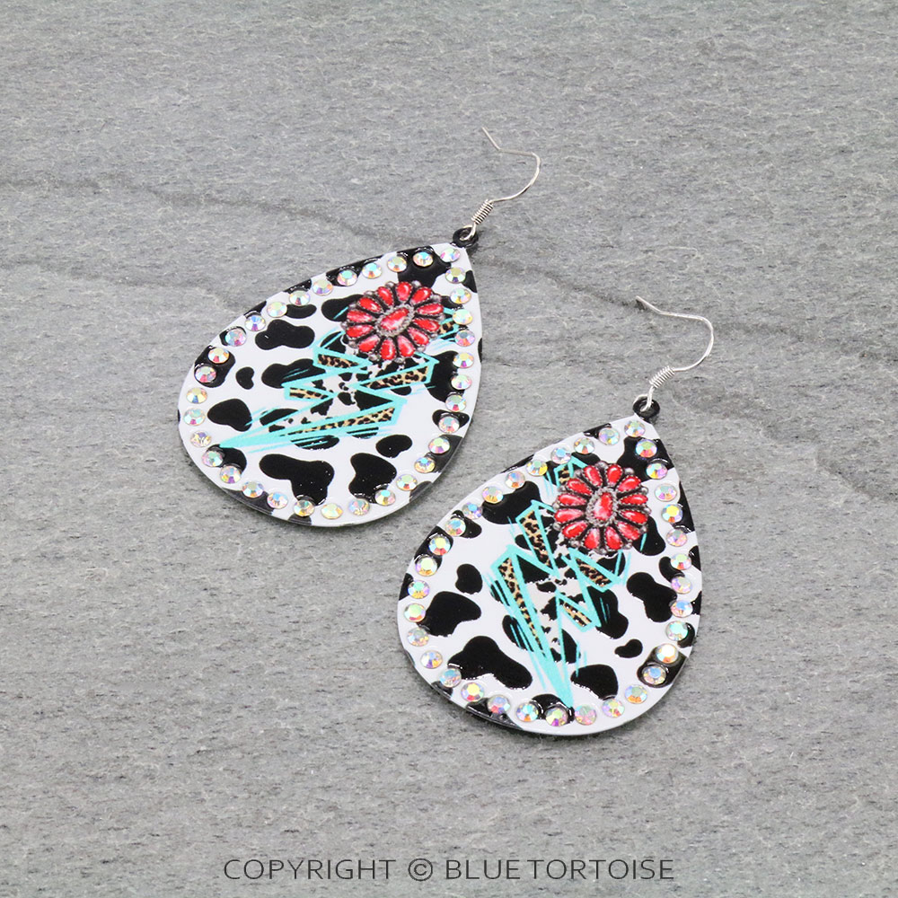 Cow Hide Concho Printed Teardrop Dangle Earrings