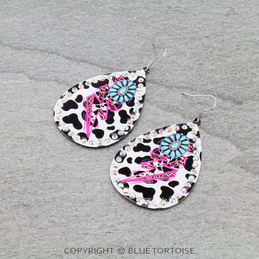 Cow Hide Concho Printed Teardrop Dangle Earrings