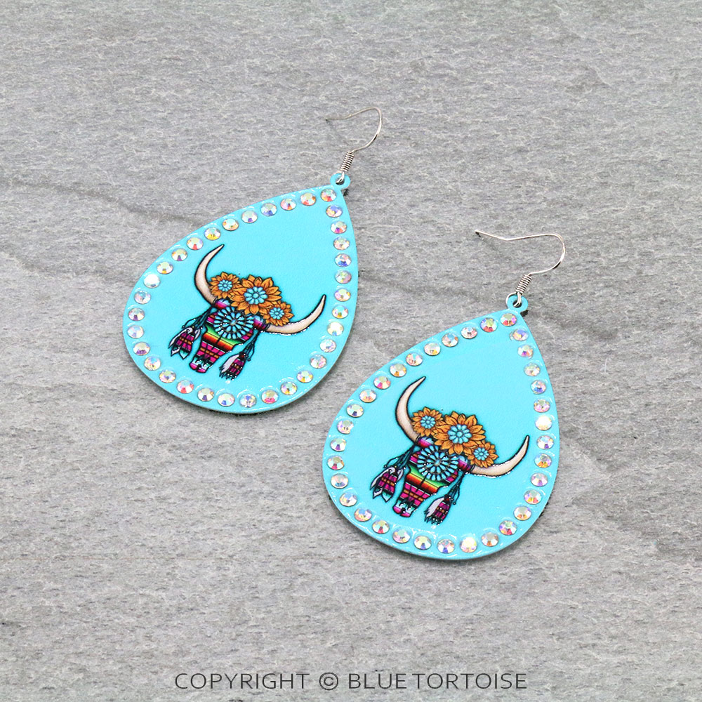 Steer Skull & Concho Printed Teardrop Dangle Earrings