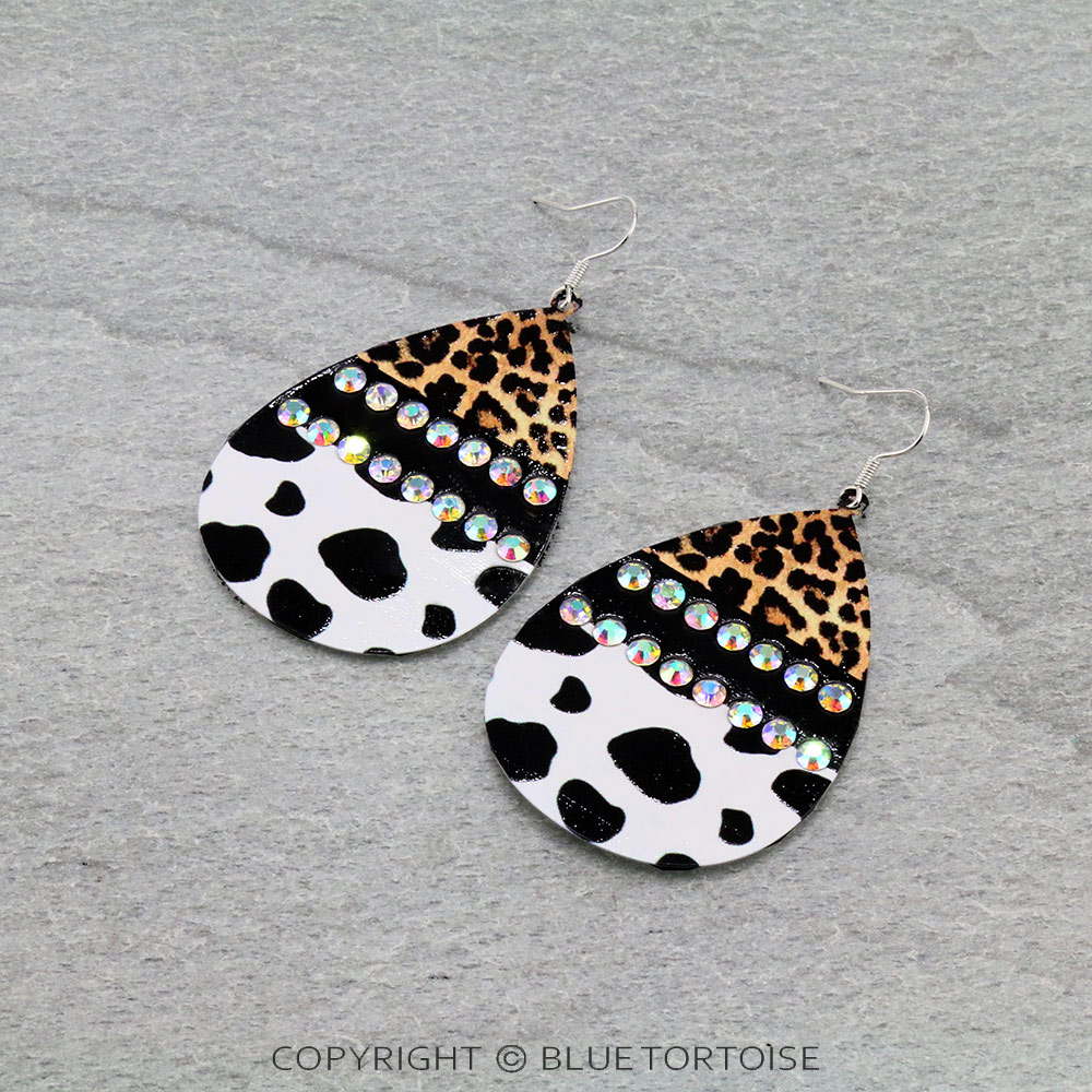 Cow Hide & Leopard Pattern Teardrop Dangle Earrings