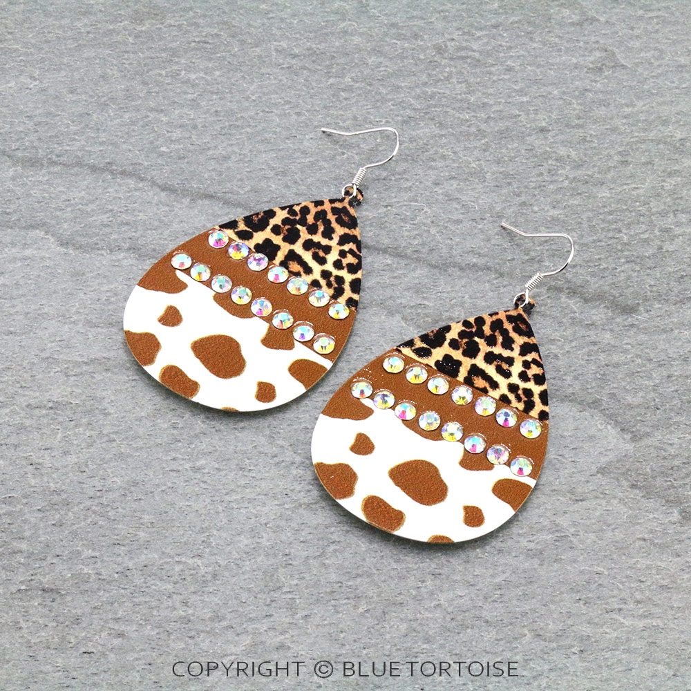 Cow Hide & Leopard Pattern Teardrop Dangle Earrings