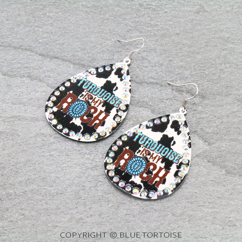 Cow Hide Concho Printed Teardrop Dangle Earrings