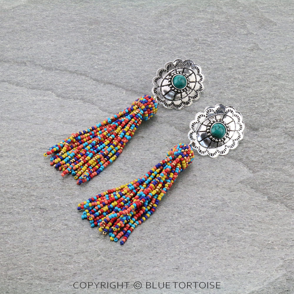 Western Concho Stone with Seed Bead Tassel Stud Earrings