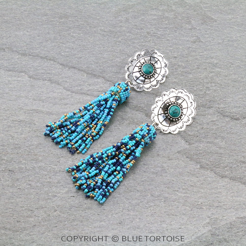 Western Concho Stone with Seed Bead Tassel Stud Earrings