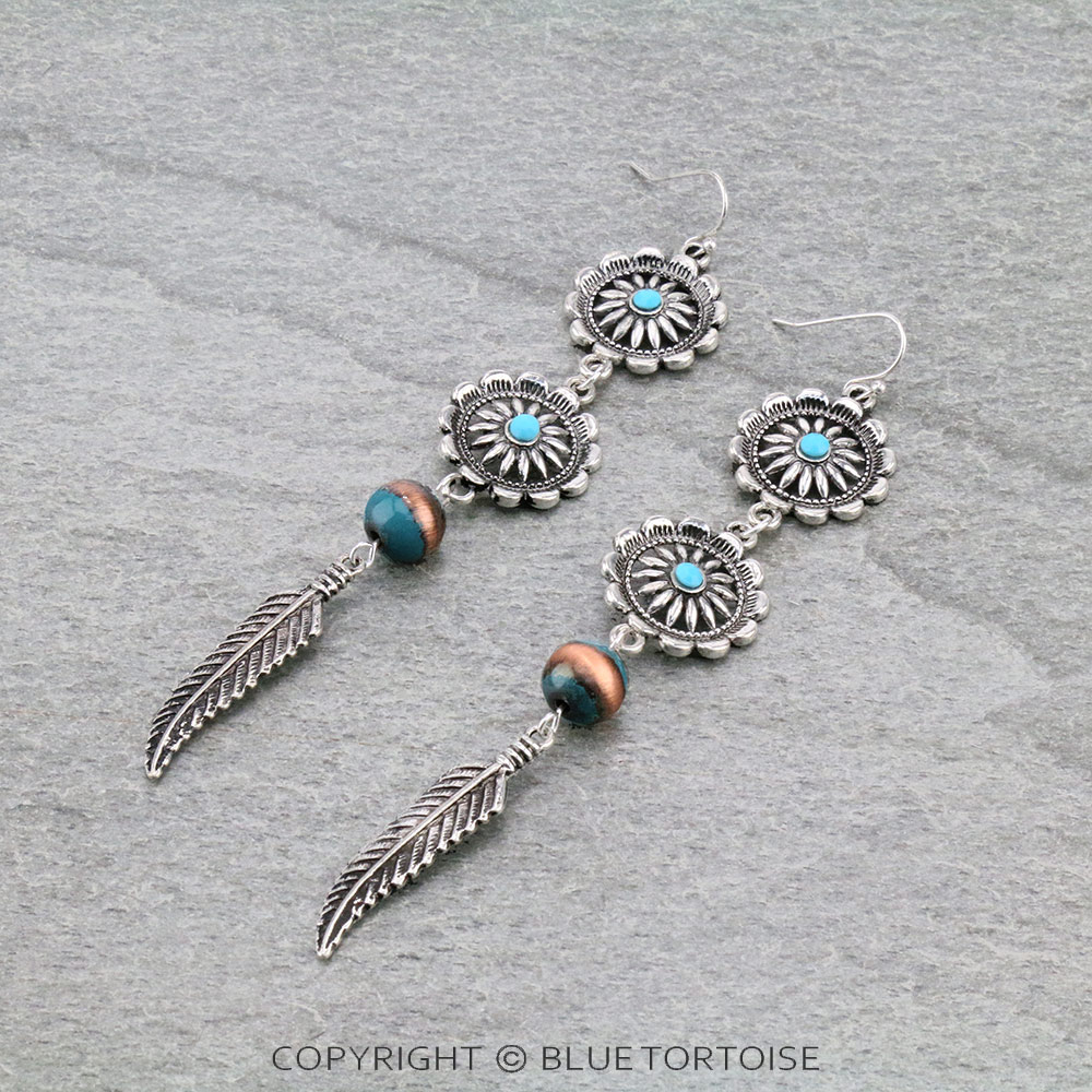 Western Concho with Feather Dangle Earrings