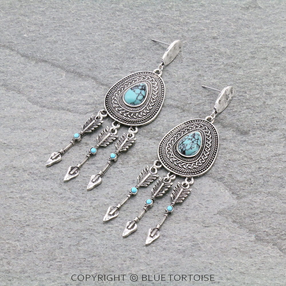 Western Concho Stone with Arrow Drop Stud Earrings