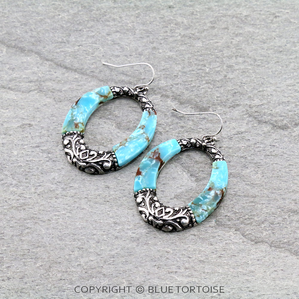 Western Tailored Oval with Hand Stone Dangle Earrings