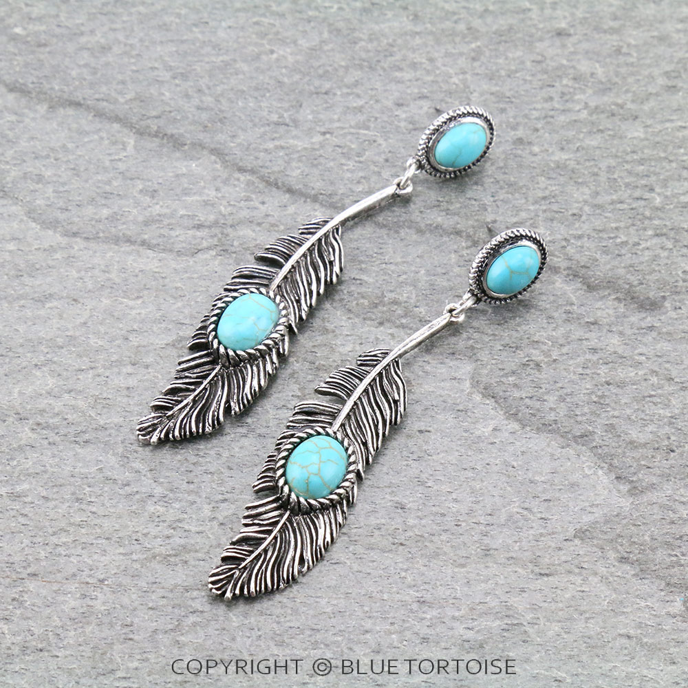 Western Semi Stone Feather Stud Earrings