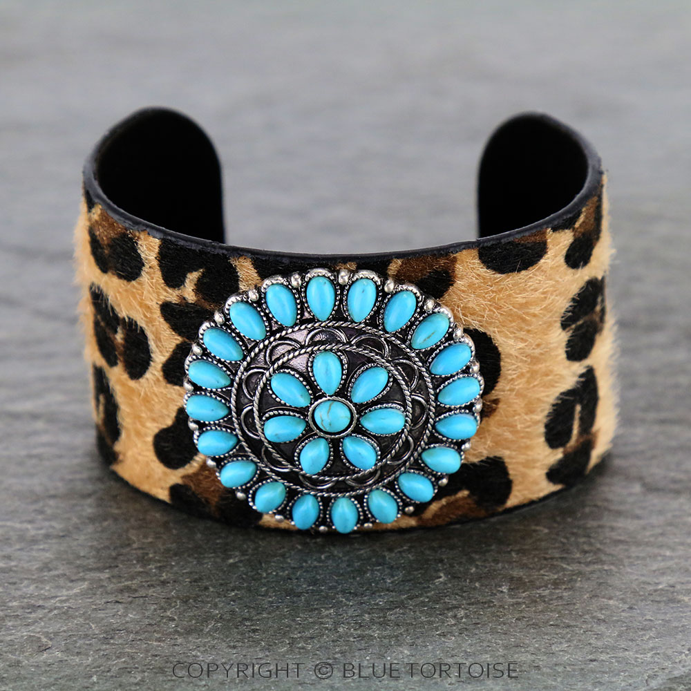 Western Concho Stone with Fur Cuff Bracelet
