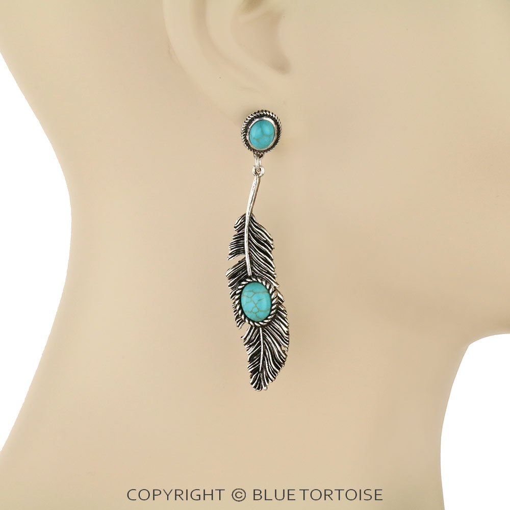 Western Semi Stone Feather Stud Earrings - Image 2