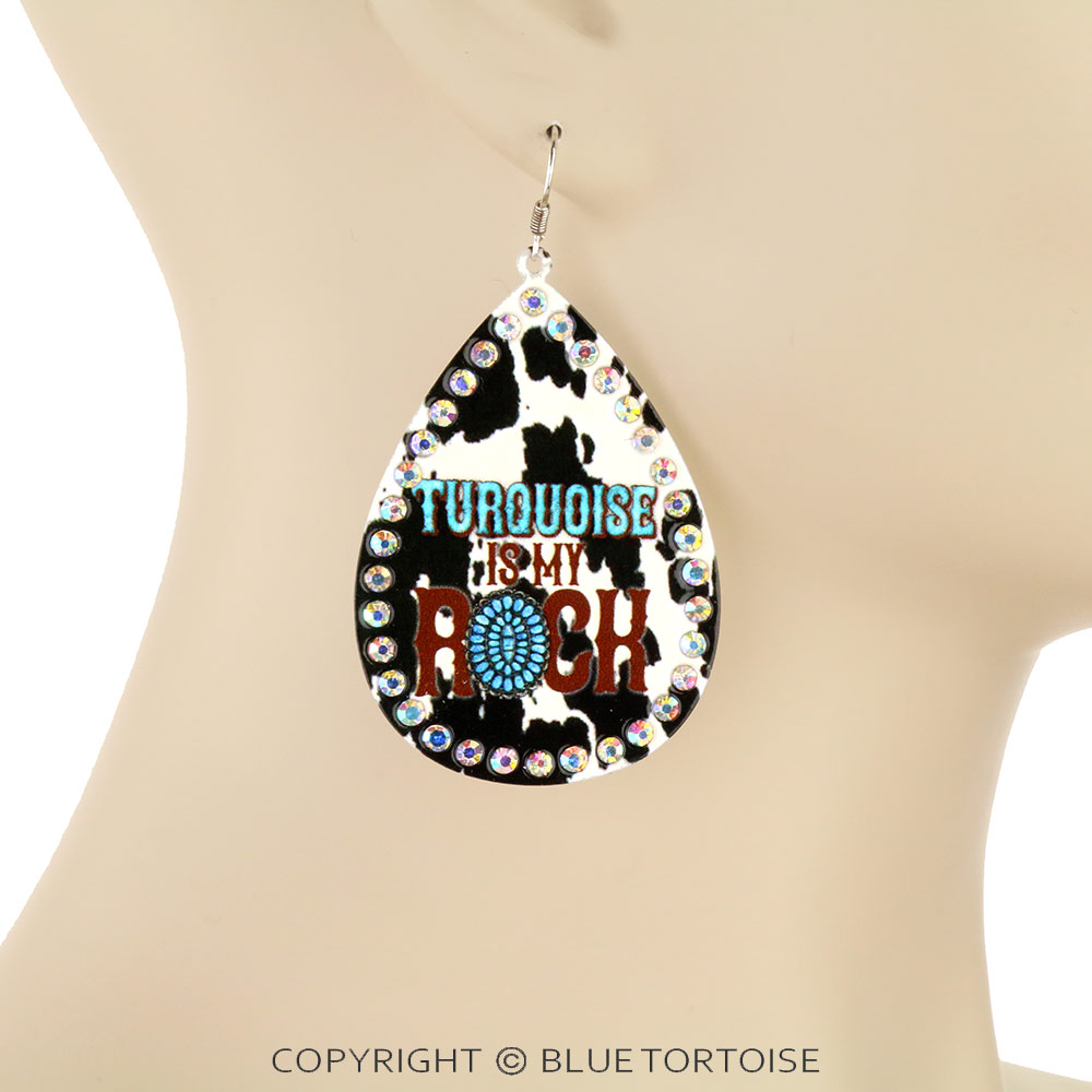 Cow Hide Concho Printed Teardrop Dangle Earrings - Image 2